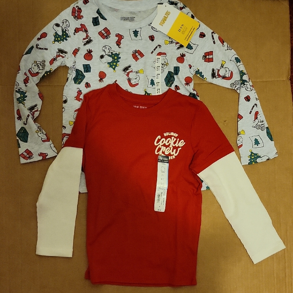 NWT: 2 Boys 5T Long Sleeve Holiday Shirts Snoopy & Cookie Crew